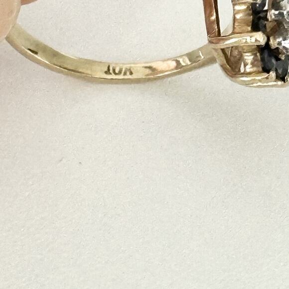 Vintage 10K Yellow Gold Sapphire & Diamond Halo Cluster Ladies Band Ring Size 6 - Picture 13 of 16